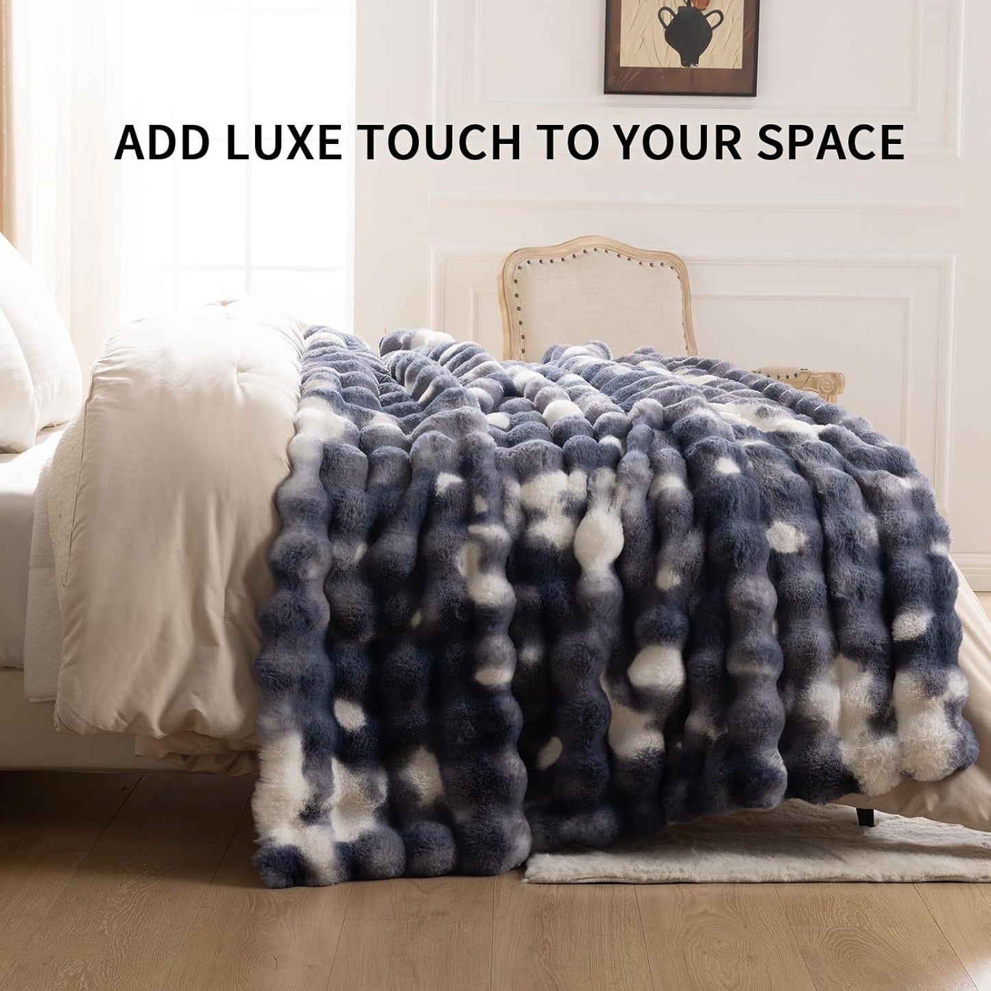 Cozy Faux Fur Throw Blanket for Bed Warm Fuzzy Throw Blanket, Soft Plush Thick Bubble Blankets for Bedroom and Living Room, Furry Luxury Blanket, 60 x 80,Tie-Dye Blue