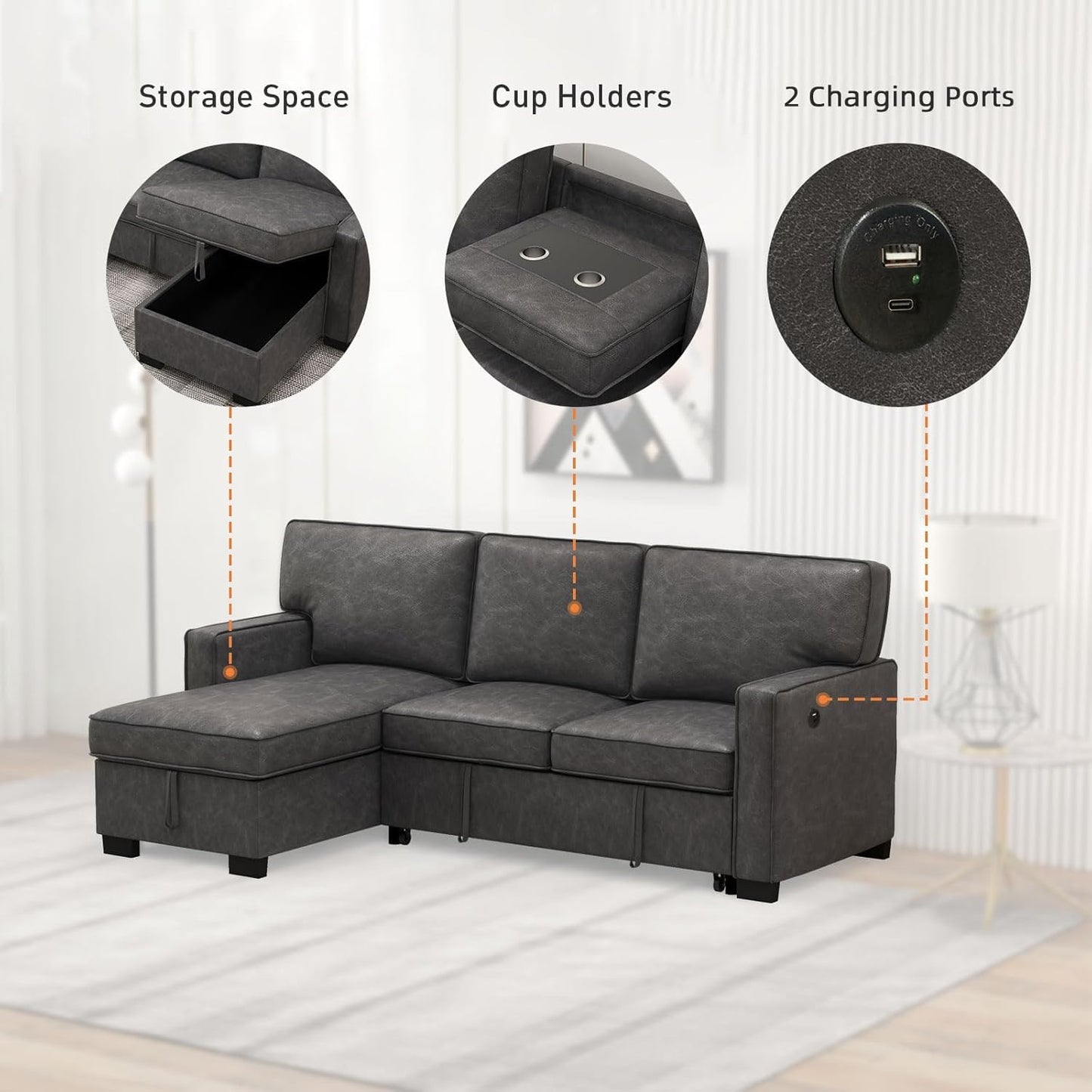 EBELLO Convertible Sleeper Sofa 3 in 1, Faux Leather Modern L-Shaped Couches for Living Room, Pull Out Sectional Futon Sofa Bed with Storage Space, USB Ports and Cup Holders for Bedroom