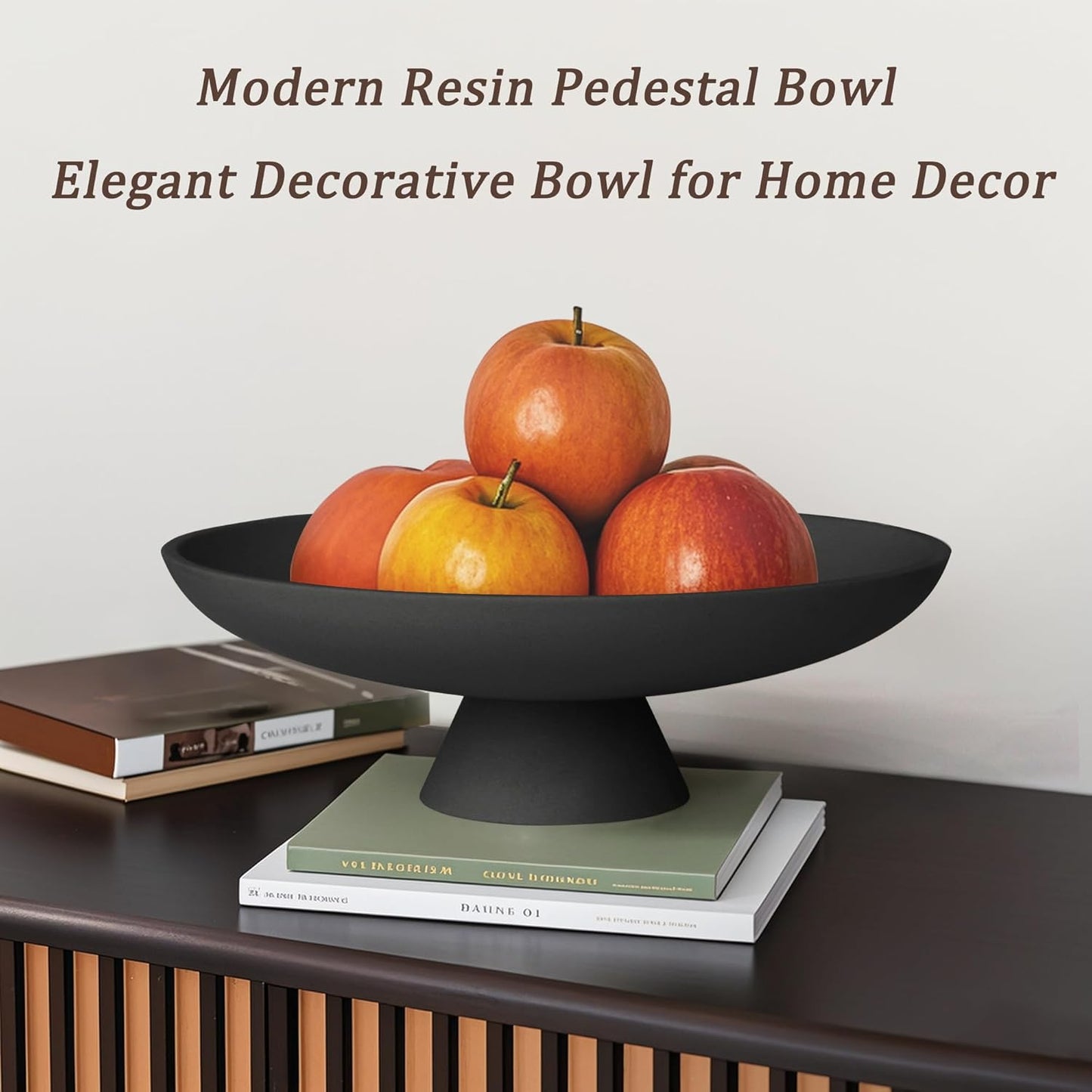 Modern Resin Pedestal Decorative Bowl, Large Fruit Bowl for Kitchen Counter, Stylish Key Bowl for Entryway Table, Matte Black