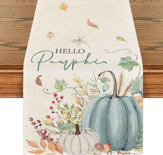 Artoid Mode Aqua Hello Pumpkin Leaves Fall Table Runner, Seasonal Autumn Kitchen Dining Table Decoration for Home Party Decor 13x36 Inch