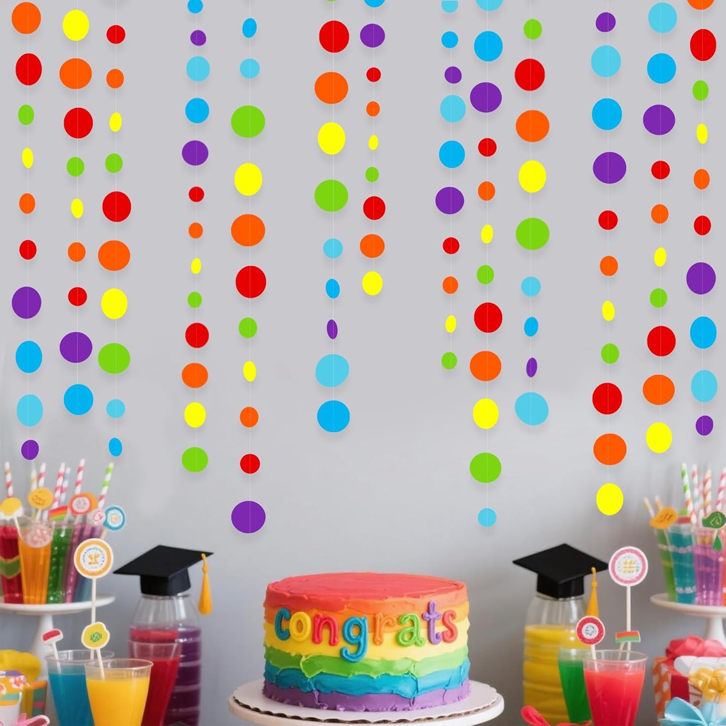 46Ft Rainbow Garland Colorful Circle Dots Hanging Paper Streamer Backdrop Multi Color Polka Dot Banner for Birthday Bachelorette Engagement Wedding Bridal Baby Shower Fiesta Party Decorations Supplies