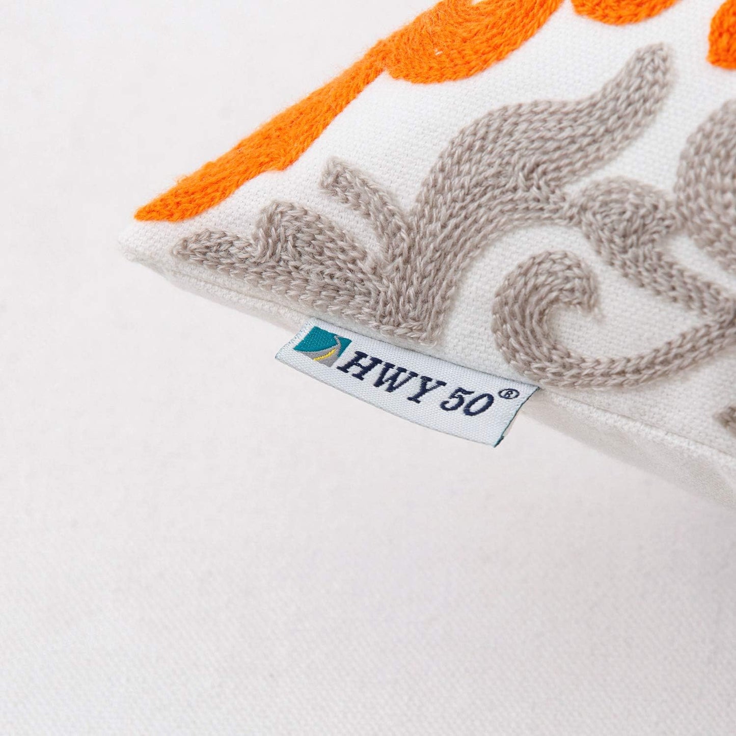 HWY 50 Orange Fall Decorative Throw Pillow Covers 18x18 Inch (1 Piece), Embroidered Cotton Farmhouse Cushion Cover Pillow Case for Sofa Couch Living Room Bed Bedroon, Floral Geometric