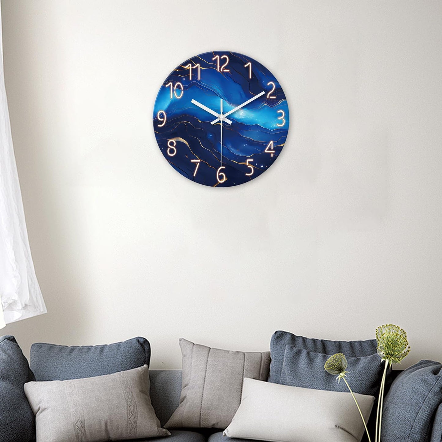 Small Wall Clocks Battery Operated 12 Inch Blue Marble Wall Clock for Kitchen Glass Analog Silent Wall Clock Non Ticking