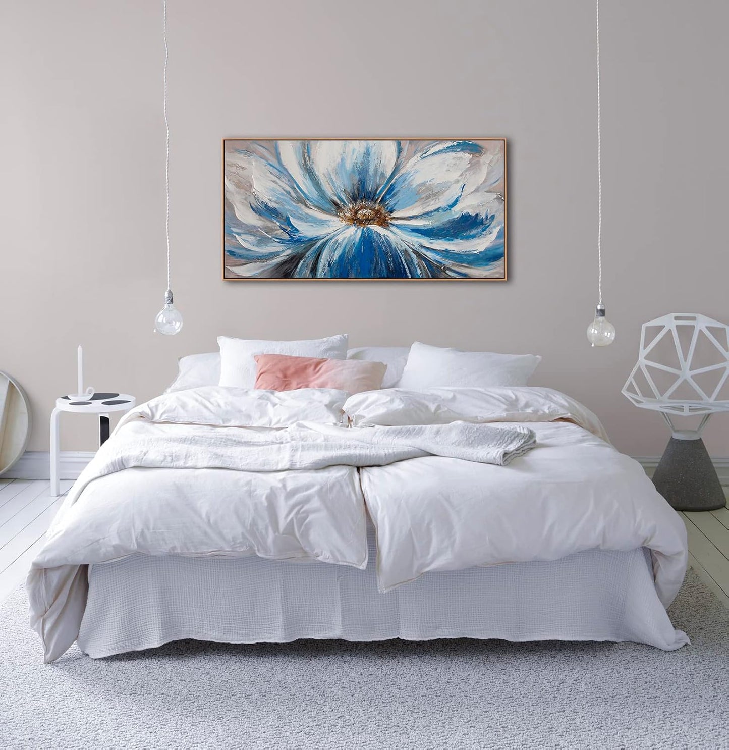 Blue Wall Art for Living Room Large White Flower Picture Wall Decor Canvas Art Wall Artwork Pictures for Bedroom Wall Decor Size 24x48(With Soild Wood Dark Framed)