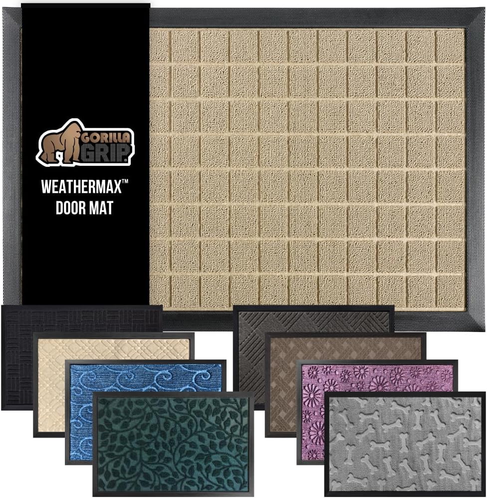 GORILLA GRIP 100% Waterproof All-Season WeatherMax Doormat US Designed Natural Rubber, Stain and Fade Resistant, Low Profile Indoor Outdoor Door Mats, Easy Clean Patio Mat, 17x29, Taupe Grid