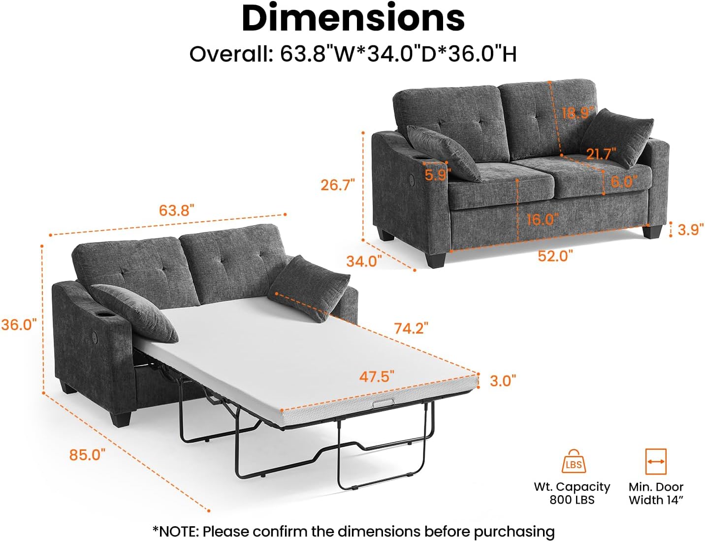 CHIC HOUSE Pull Out Sofa Bed, Full Size Sleeper Sofa, 2-in-1 Convertible Chenille Couch with USB Charging, Memory Form Couch for Living Room, Apartment & Small Space (Dark Grey, Chenille - Full)