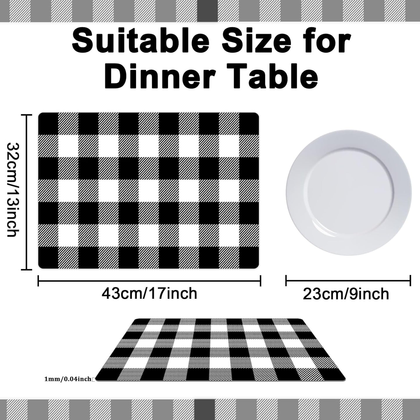 Black and White Plastic Placemats Set of 6 Check Plaid Table Mats Black Buffalo Plaid Place Mats Wipe Clean Washable Table Placemats for Indoor Outdoor Heat Resistant Kitchen Dining Table
