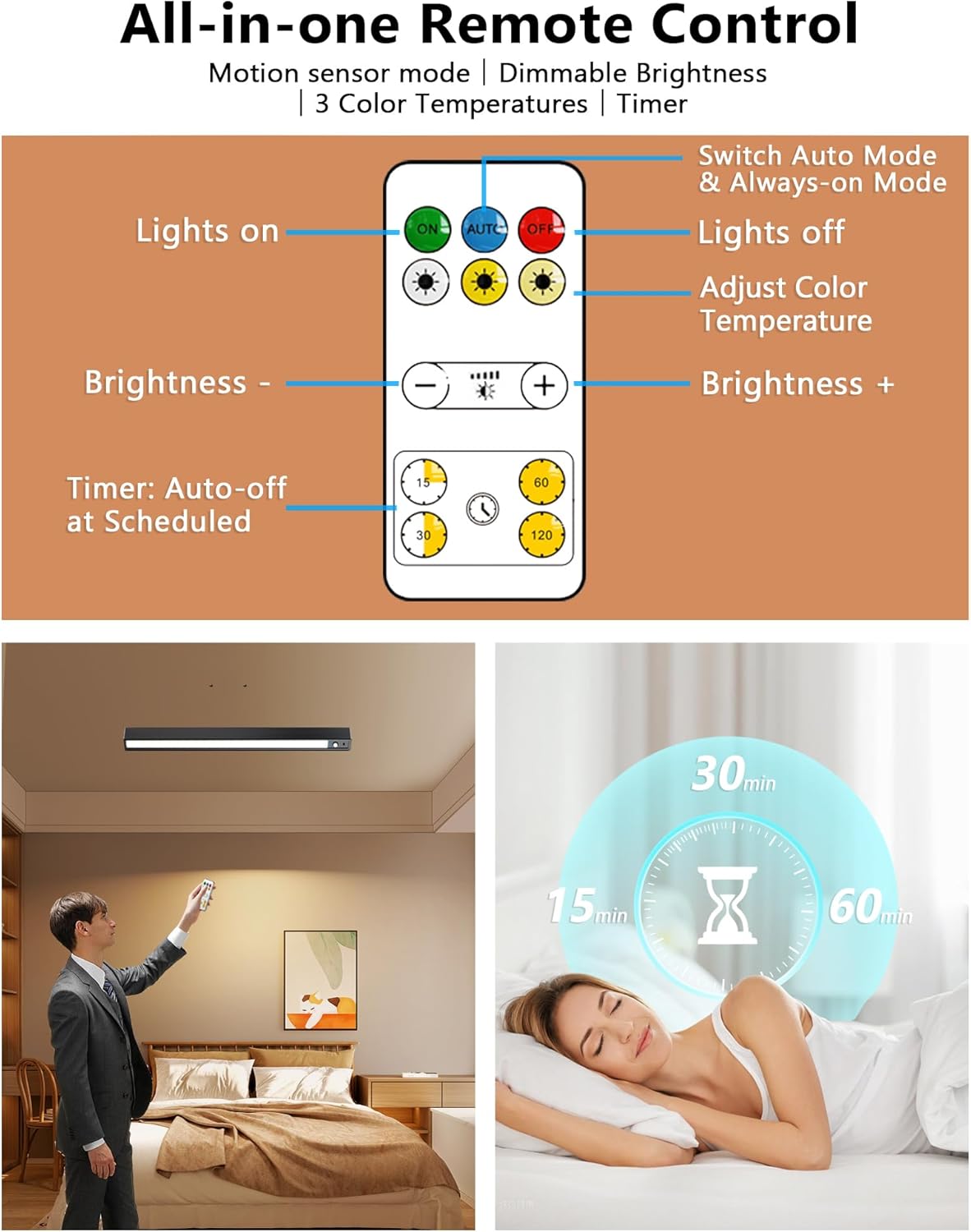 Rechargeable Motion Sensor Ceiling Light, Full Metal Battery Powered LED Closet Light, 3 Color 500LM Dimmable with Remote & Timer, Magnetic Cordless Mount for Shower, Hallway, Garage, Pantry -Black