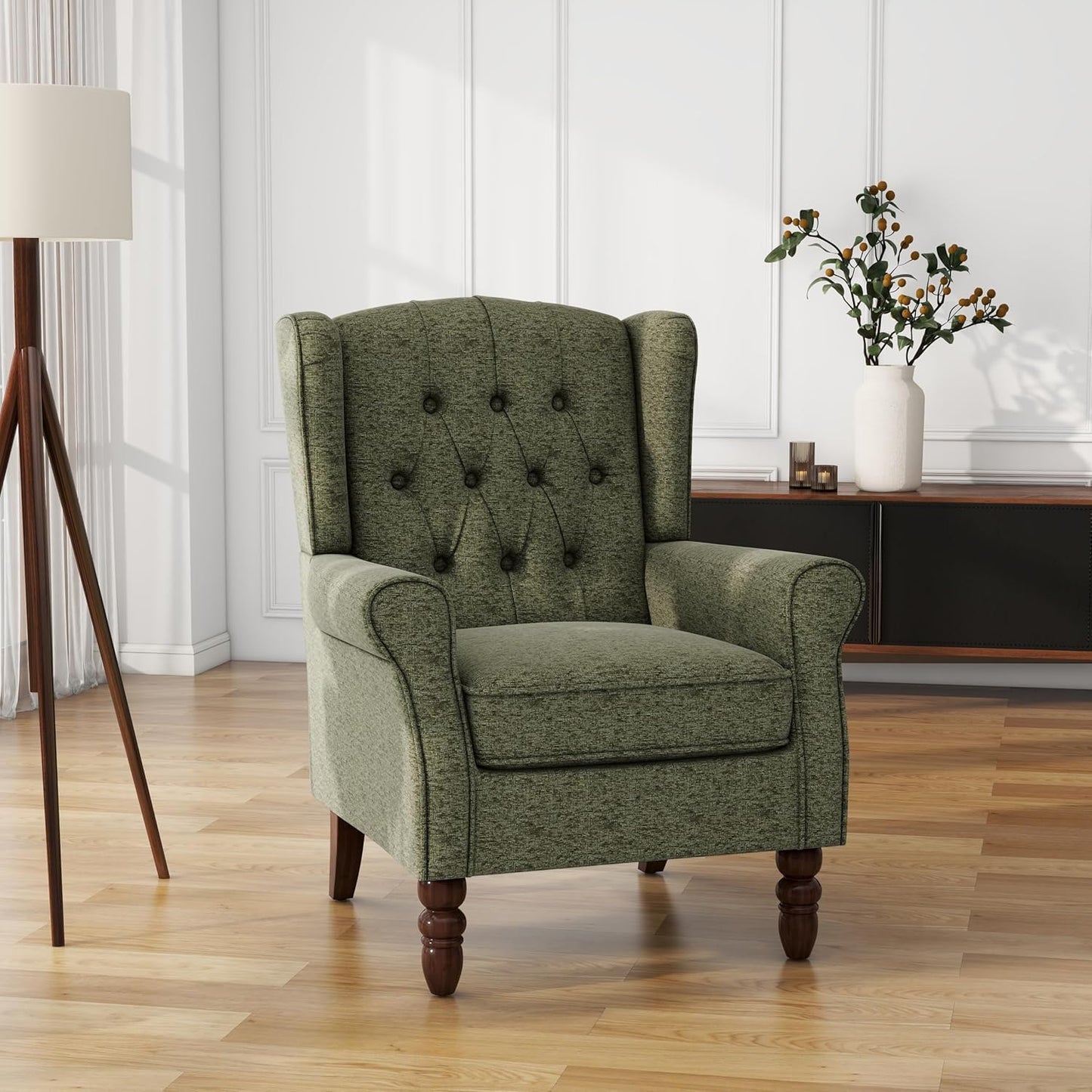 UIXE High Back Accent Chairs Set of 2, Upholstered Armchair in Fabric for Living Room, Retro Wingback Arm Chair Comfy Single Sofa Bedroom Reading Seat with Solid Wood Legs - Green