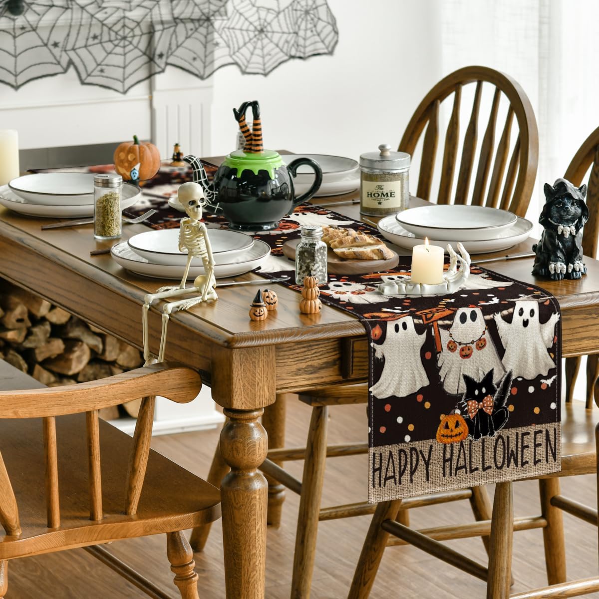 Artoid Mode Ghost Jack-O'-Lantern Black Cat Halloween Table Runner,Holiday Kitchen Dining Table Decoration for Home Party Decor 13 x 90 Inch
