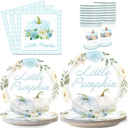 Aukolass Pumpkin Party Supplies Tableware Set - Fall Theme Party Decorations Including Plates, Napkins and Cups for Pumpkin Birthday and Baby Shower Party, Serves 24 Guests (blue)