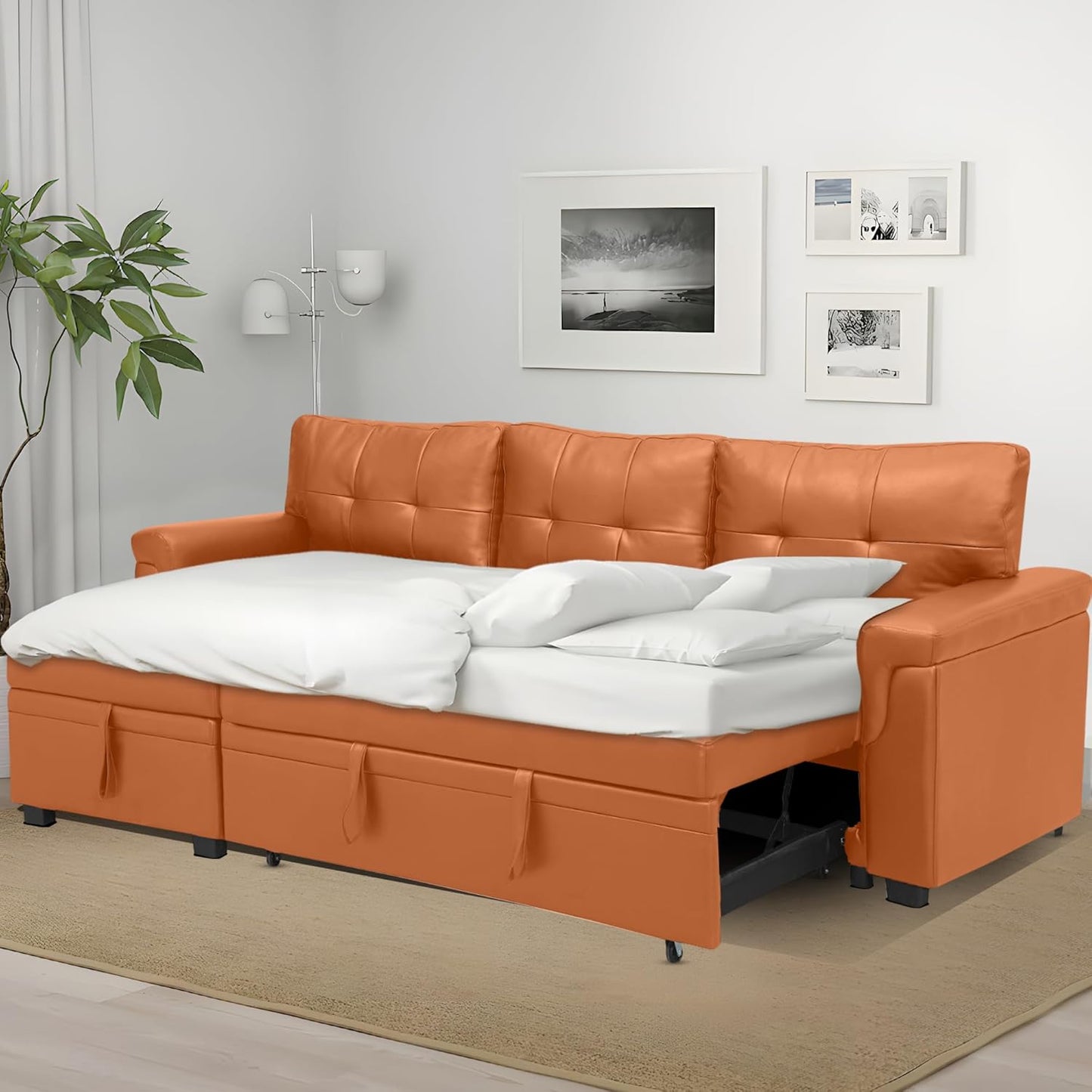 Naomi Home Transform Any Space: Sleeper Sectional Sofa with Convertible Sofa Bed & Inviting Chaise. Find Tranquil Comfort with Stress-Relieving Design & Durable Cushions - Caramel,Air Leather