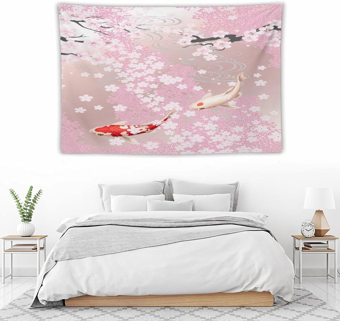 Houselerax Japanese Koi Fish Tapestry, Cherry Blossoms Asian Oriental Pink Flower Branch Koi Fish Carp Tapestries Wall Hanging for Bedroom Living Room Office Decor 90"x60"