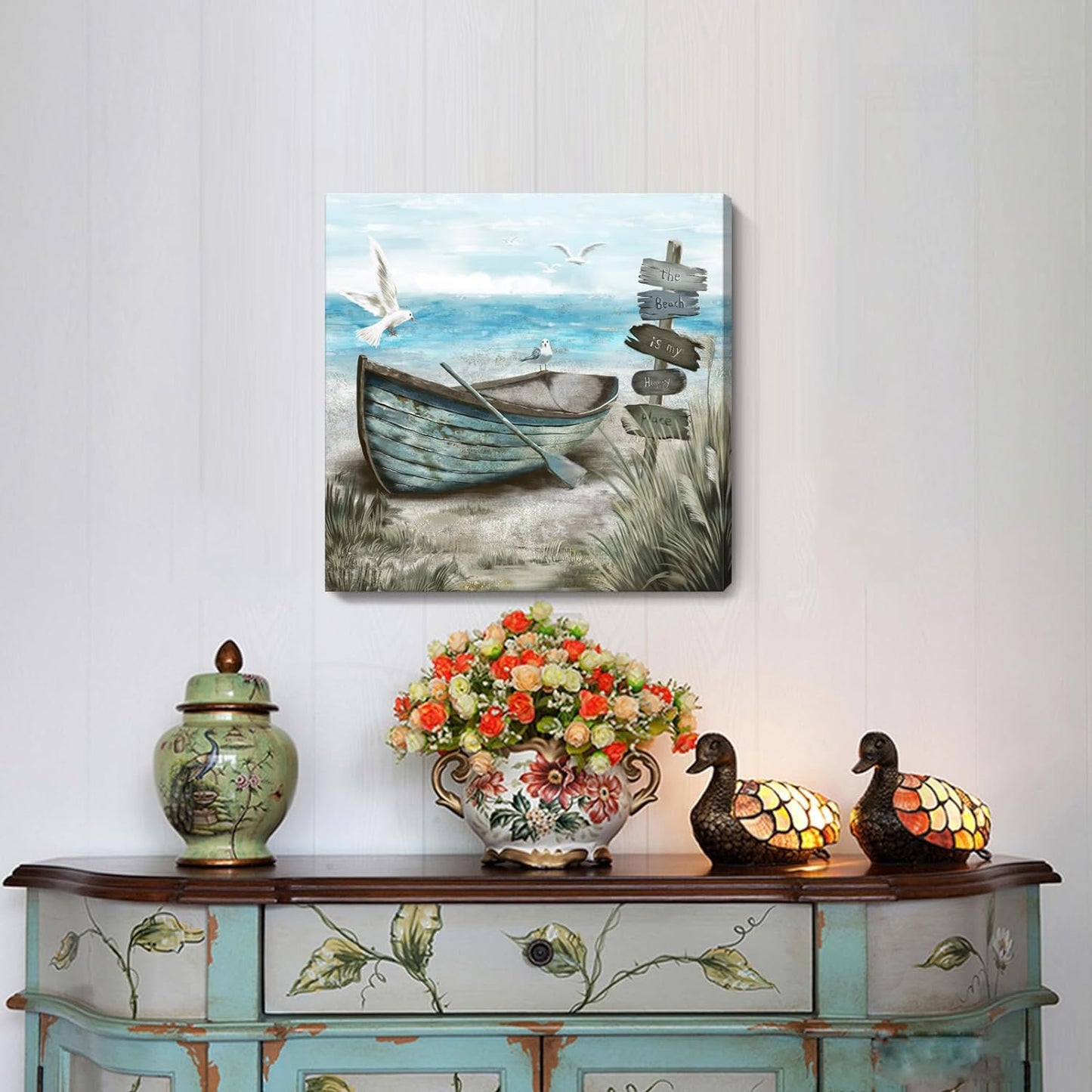 Bathroom Wall Art Coastal Décor Nautical Boat on Beach Canvas Picture Ocean Seagull Seascape Canvas Print Sea Bird Farmhouse Artwork for Seashore Bedroom Living Room Small Square Blue Teal 14x14"