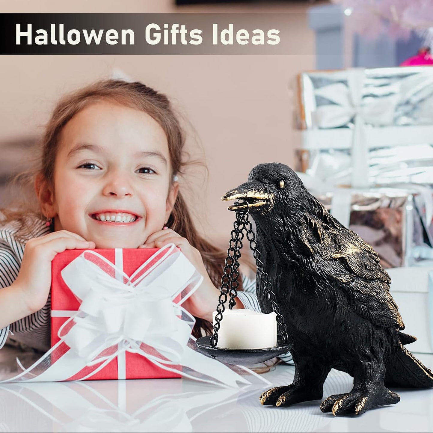 Raven Gothic Home Decor Fake Crow Light Holder Raven Lamp Tealight Candle Holder Resin Raven Statue Wearing Gold