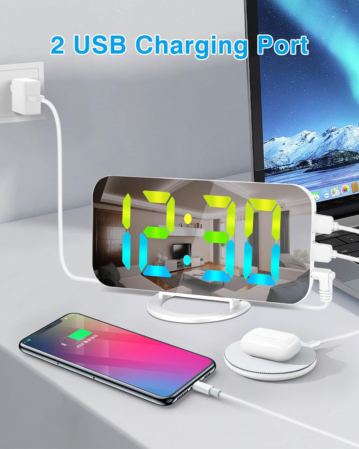 SZELAM Digital Alarm Clock,LED RGB Colorful Clocks,with Mirror Surface Large Display,2 USB Charger Ports,Auto Dimming,Modern Desk Clock for Bedroom Home Office Decor- White
