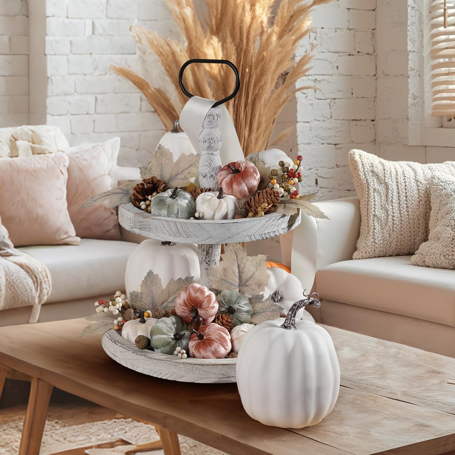 Artmag 25 PCS Pumpkin Decor Set, Artificial Fabric Pumpkins Decor with Acorns, Pinecones, Berries, Maple Leaves for Fall Halloween Thanksgiving Decorations Home Table