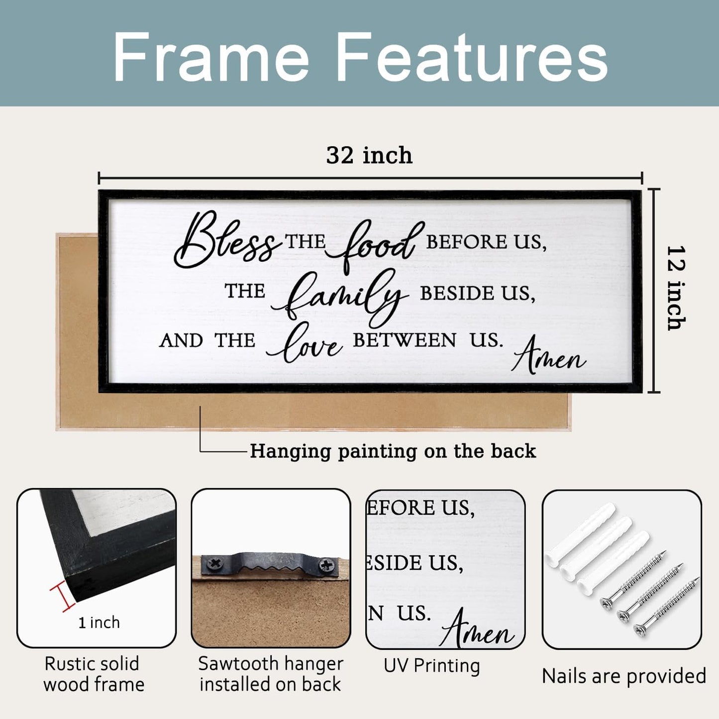 Bless the Food Before Us, the Family Beside Us, and the Love between us Framed Wall Art for Christian God Jesus Christ Prayer, 32''×12'' Positive Holy Religious Rustic Bible Verse for Dining Room