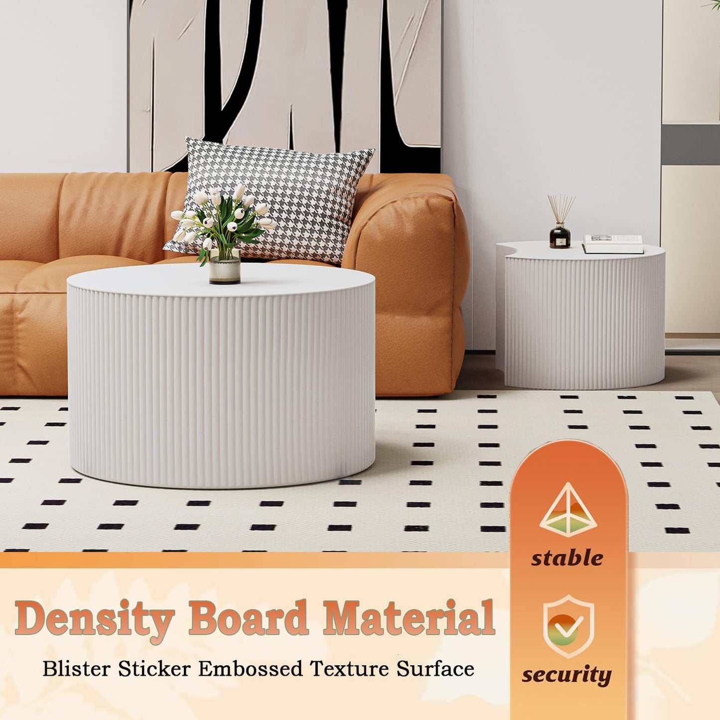 Round Nesting Coffee Table Modern Fluted Coffee Table Set of 2 Circle Drum Coffee Tables Small Round Accent Side End Table for Living Room No Assembly (White B 27in)