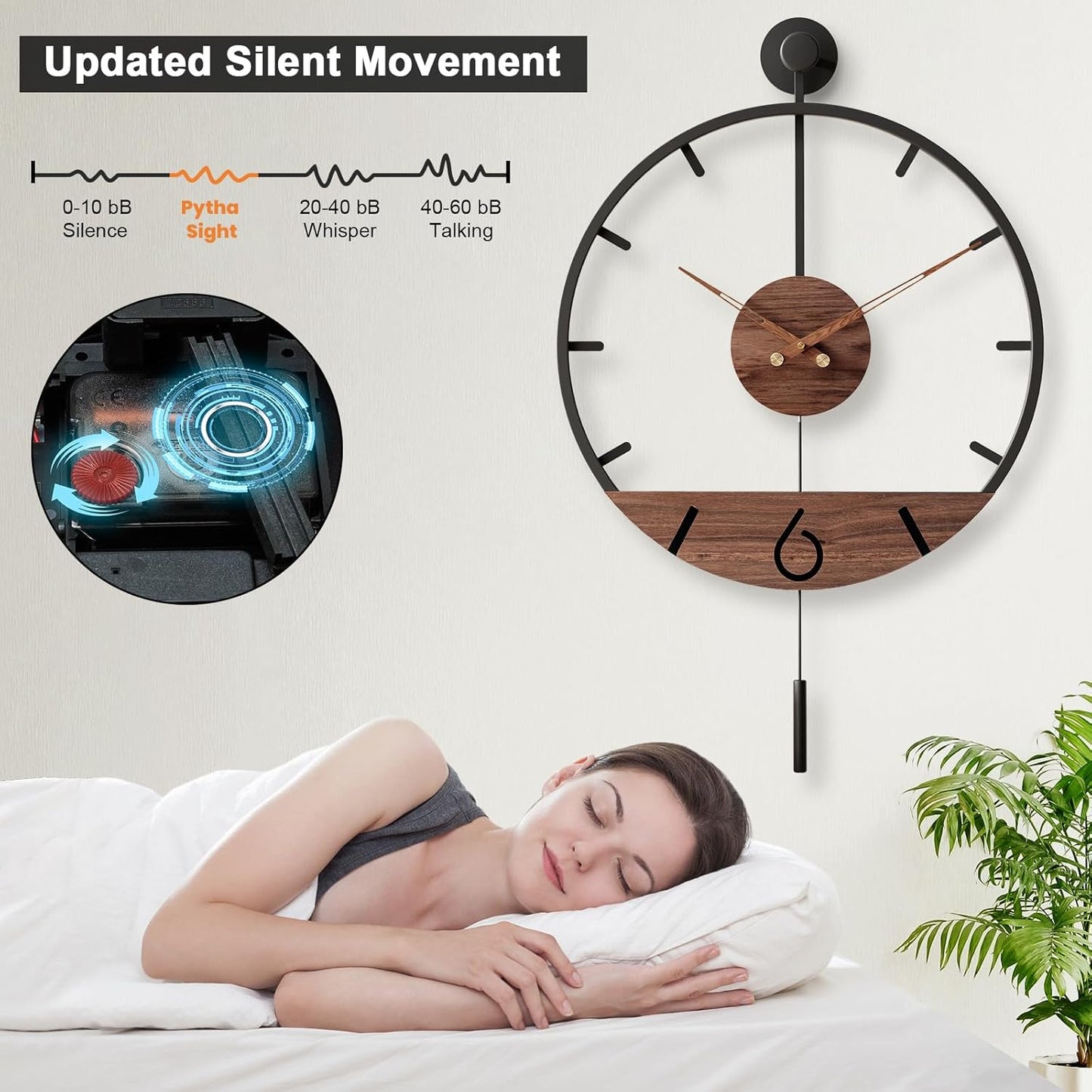 34.6×24 Inch Large Modern Decorative Pendulum Wall Clock,Big Metal Farmhouse Oversized Silent Wall Clocks Minimalist Elegant Walnut Dial Pointers for Living Room,Office,Dining Room Decor