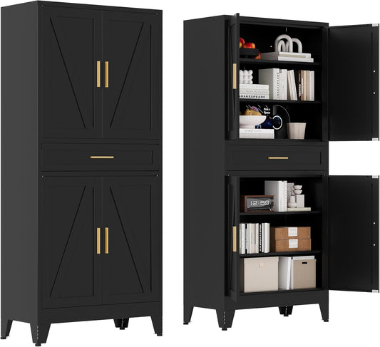 71 "Farmhouse Metal Filing Cabinet with a Drawer and 4 Adjustable Shelves, with 4 Large barn Door White Kitchen Cabinets, Metal Food Cabinets for Home, Kitchen, Dining/Living Room (Black)