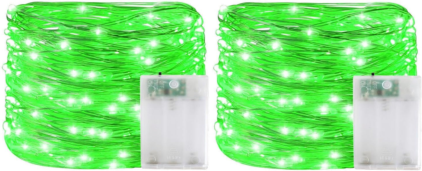 Halloween Decorations Green Fairy String Lights, Battery Operated with Timer, 2 Pack Total 33FT 100 Led Mini Battery Powered Christmas Twinkle Mason Jar Waterproof Firefly Lights DIY Party
