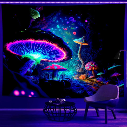 Blacklight Mushroom Tapestry Glow In The Dark Fantasy Forest Tapestry UV Reactive Magic Tapestries Wall Hanging Decor for Bedroom Dorm Living Room (35" x 47")