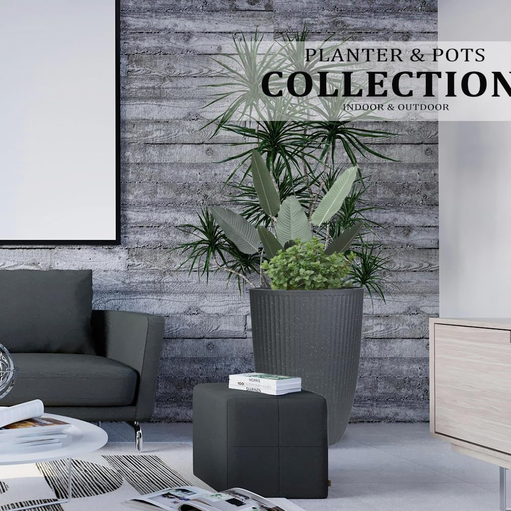 2 Pcs Pack 15 Inches Heavy Duty Plastic Resin Tall Tapered Planter Pots Large Round Planter Flower Pot with Drainage Hole for Indoor Outdoor Deck Porch Garden Home Patio Front Door (Dark grey, S)