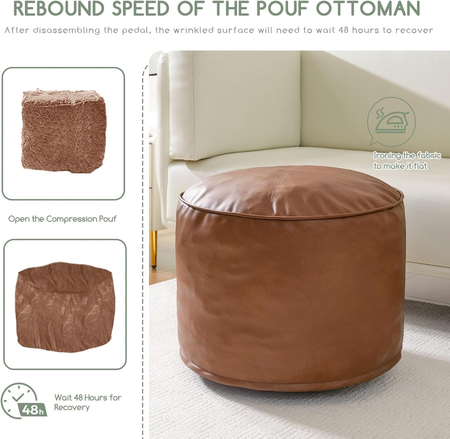 HIGOGOGO Round Stuffed Pouf Ottoman, Pu Leather Poufs with Foam Chunk Filling Foot Stool Storage Ottoman, 26 X 18 Floor Poufs Foot Rest for Living Room, Brown