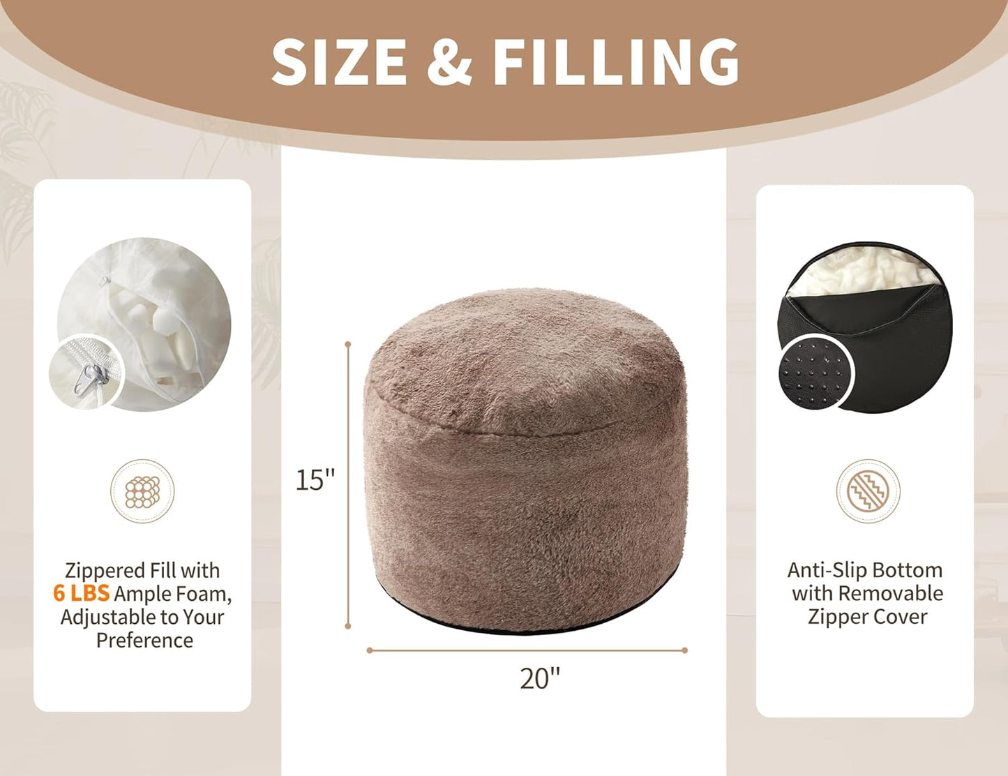 Round Pouf Ottoman 20"x15" Bean Bag Ottoman Soft Top Comfortable Small Foot Stool Foot Rest Pouf Brown Tall Footstool Ottomans Round Hassock Fluffy Boho Furniture Small Ottomans for Living Room