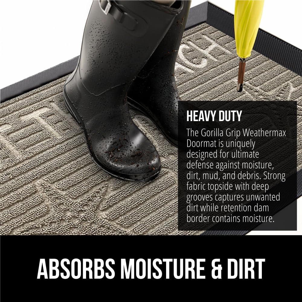 GORILLA GRIP 100% Waterproof All-Season WeatherMax Doormat, 47x35, US Designed Natural Rubber, Stain and Fade Resistant, Low Profile Indoor Outdoor Door Mats, Easy Clean Patio Mat, Sand Beach