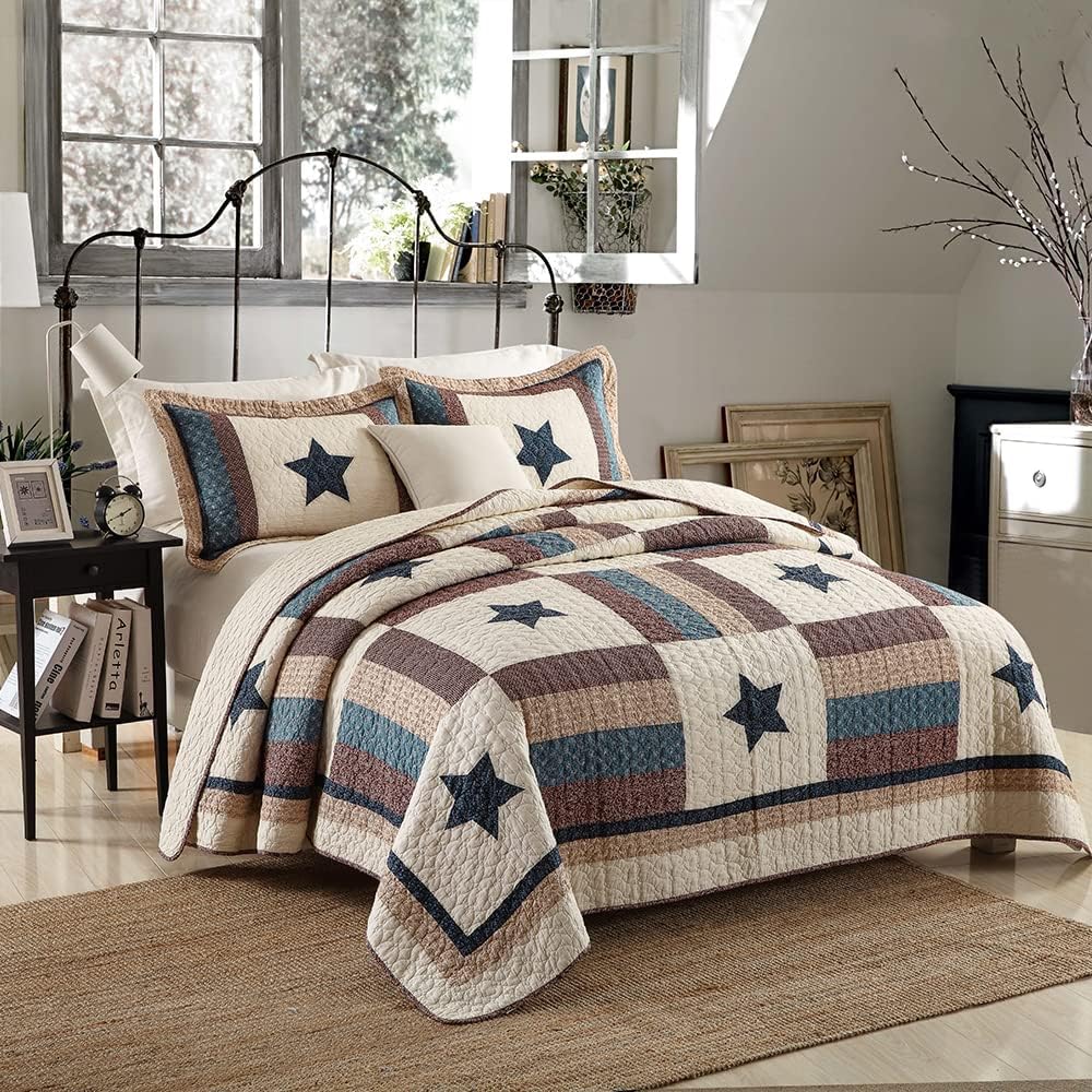 Cotton Bedding Quilt Sets 3 Pieces Reversible Coverlet Sets All Season Boys Real Patchwork Bedspread, MediterraneanStar Pattern,King Size