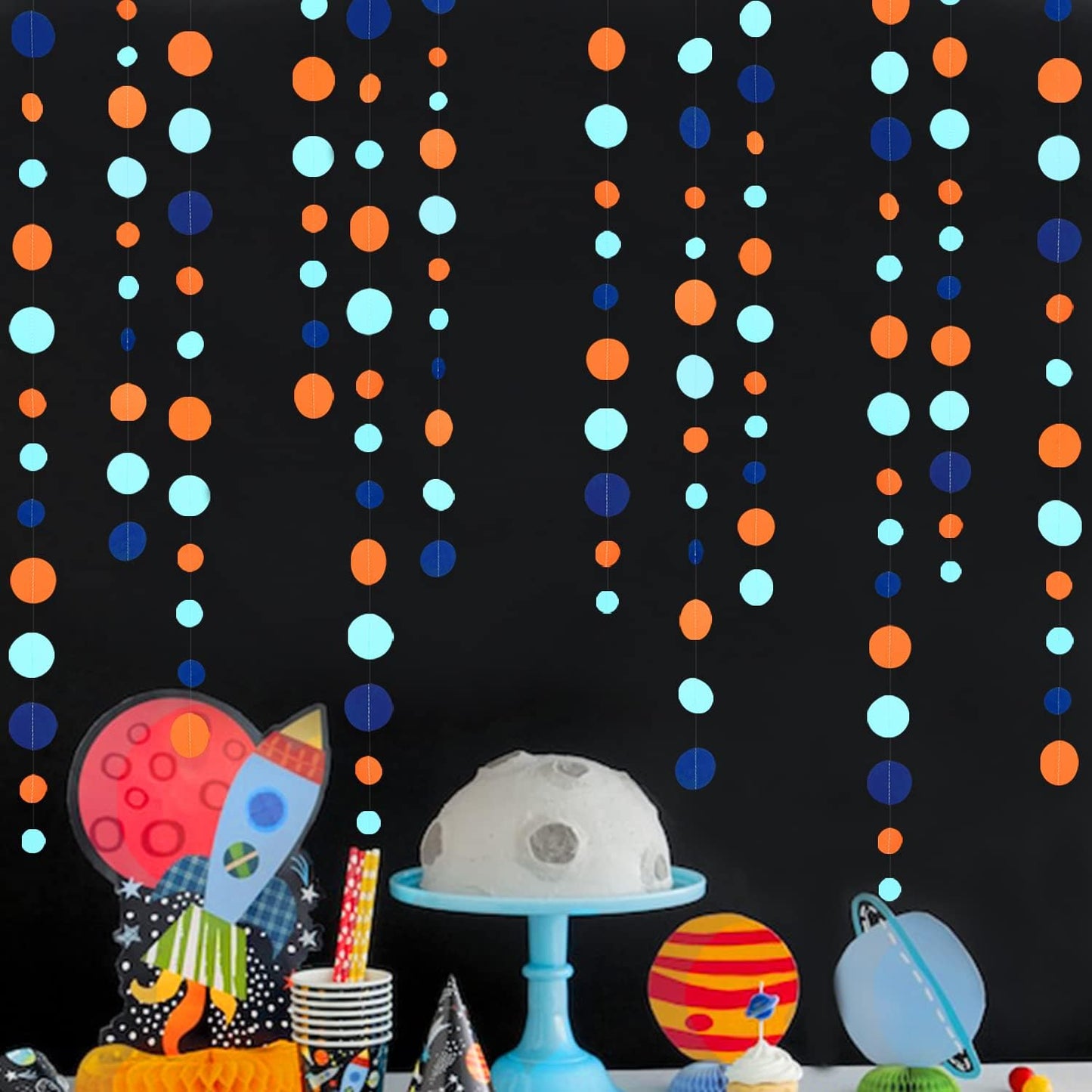 46 Ft Navy Blue Orange and Teal Circle Dots Garland Royal Blue Orange Aqua Polka Dot Hanging Paper Streamer for Birthday Wedding Bridal Baby Shower Outer Space Galaxy Theme Party Decorations Supplies