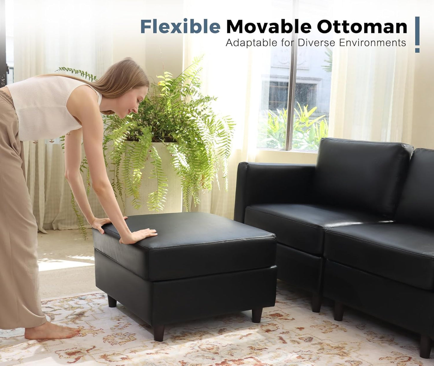 ABCASA Oversized 145.5" Faux Leather Modular Sectional Sofa, Modern Large 10 Seater U Shaped Couch with Storage Seat with Reversible Chaise Deep Seat for Living Room DIY Combination - Black