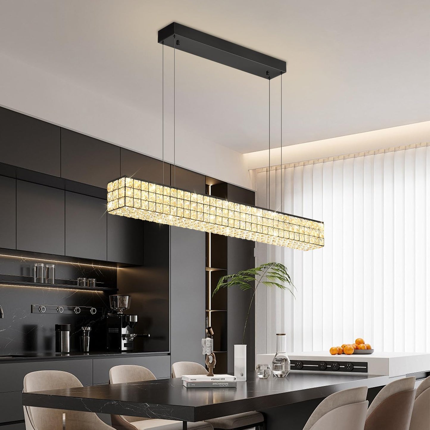 Rectangle Crystal Chandelier Modern Crystal Chandelier Black Rectangular Pendant Lighting Fixture for Dining Room Kitchen Island Bedroom (L 40")