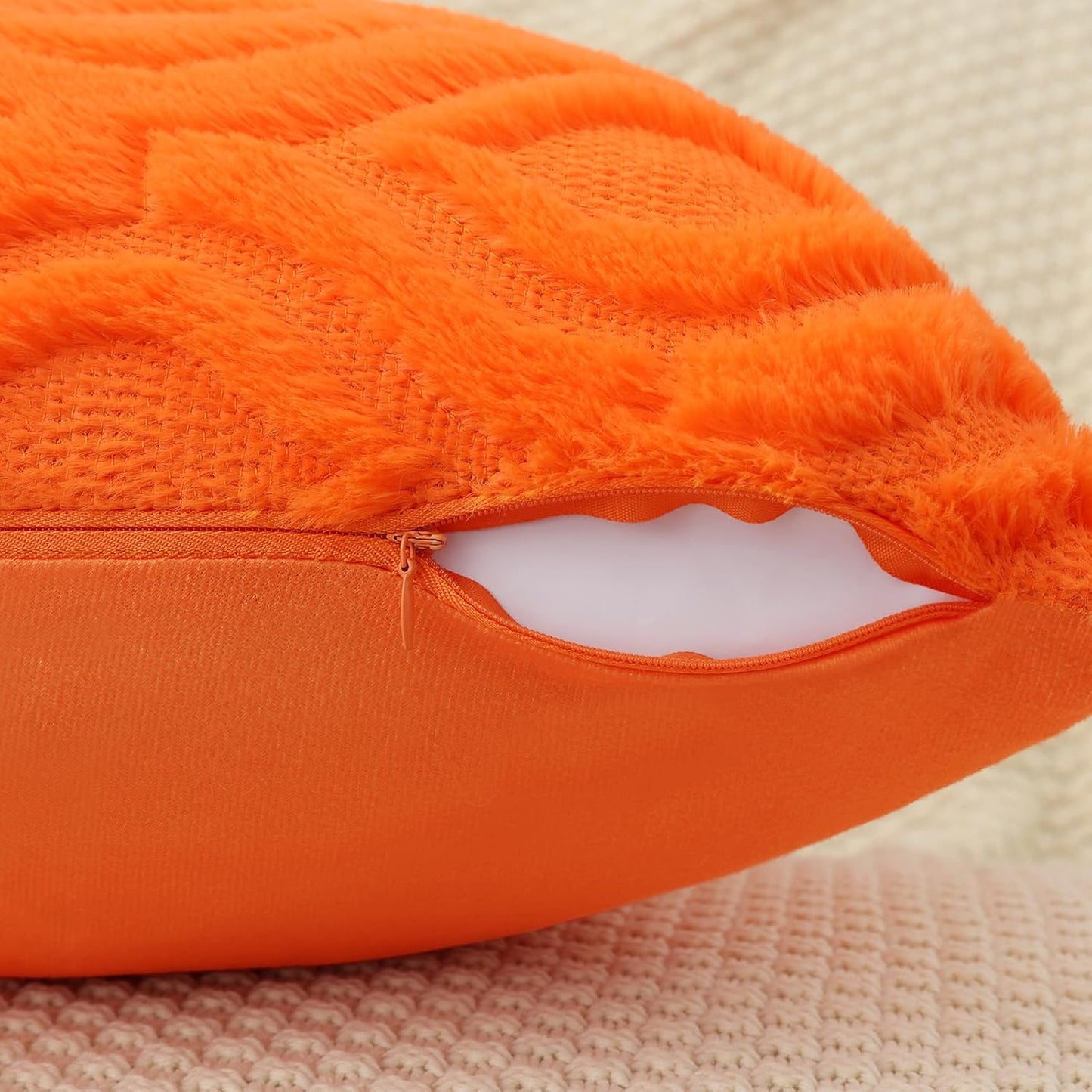 decorUhome Fall Throw Pillow Covers 18x18 Inch Set of 2, Soft Plush Decorative Faux Fur Orange Solid Couch Pillow Covers, Accent Farmhouse Neutral Square Euro Pillow Cases for Sofa Bed Living Room