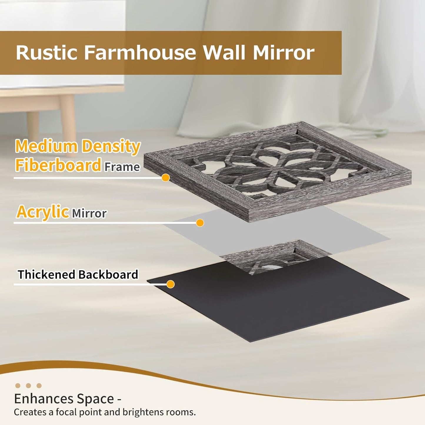 Boho Square Wall Mirrors Set of 2-12" x12'Decorative Mirrors for Wall Decor, BrownHandcrafted Mirror Panels Perfect for LivingRoom Bedroom Entryway Hallway (Brown)