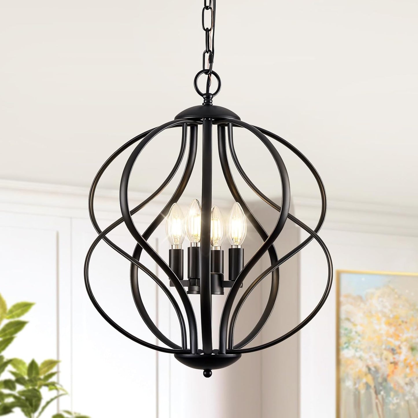 Modern Black Chandelier for Dining Room, 4 Lights Geometric Chandeliers, Sphere Chandelier Industrial Large Pendant Light Fixtures Hanging for Kitchen, Entryway, Foyer, Stairs