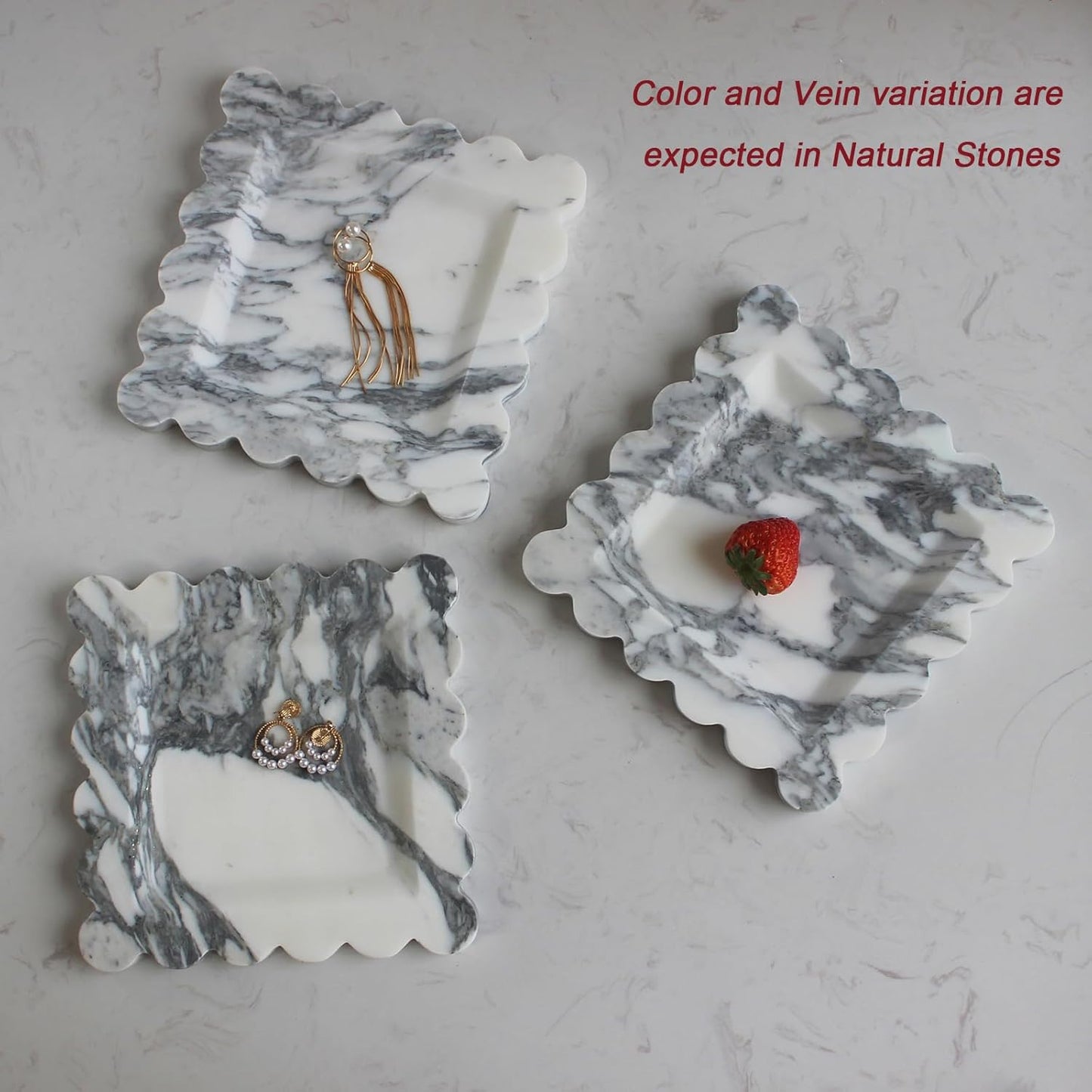 Natural Luxury Marble Tray with Scalloped Edge, Handmade Square Decorative Tray, Catch All Tray for Counter, Dresser, Nightstand and Home Décor (Arabescato Calacatta)