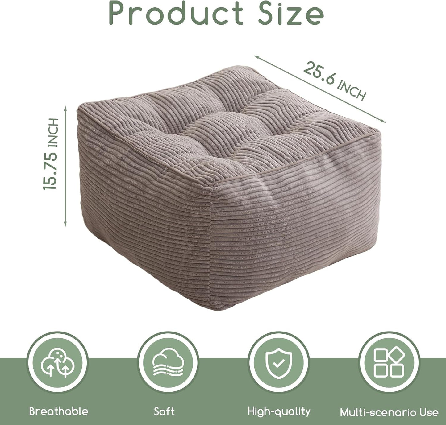 HIGOGOGO Square Stuffed Pouf Ottoman, Corduroy Poufs with Foam Chunk Filling, Furry and Fluffy Pouf Foot Stool Storage Ottoman, 25.6 X 25.6 Floor Poufs Foot Rest for Living Room, Grey