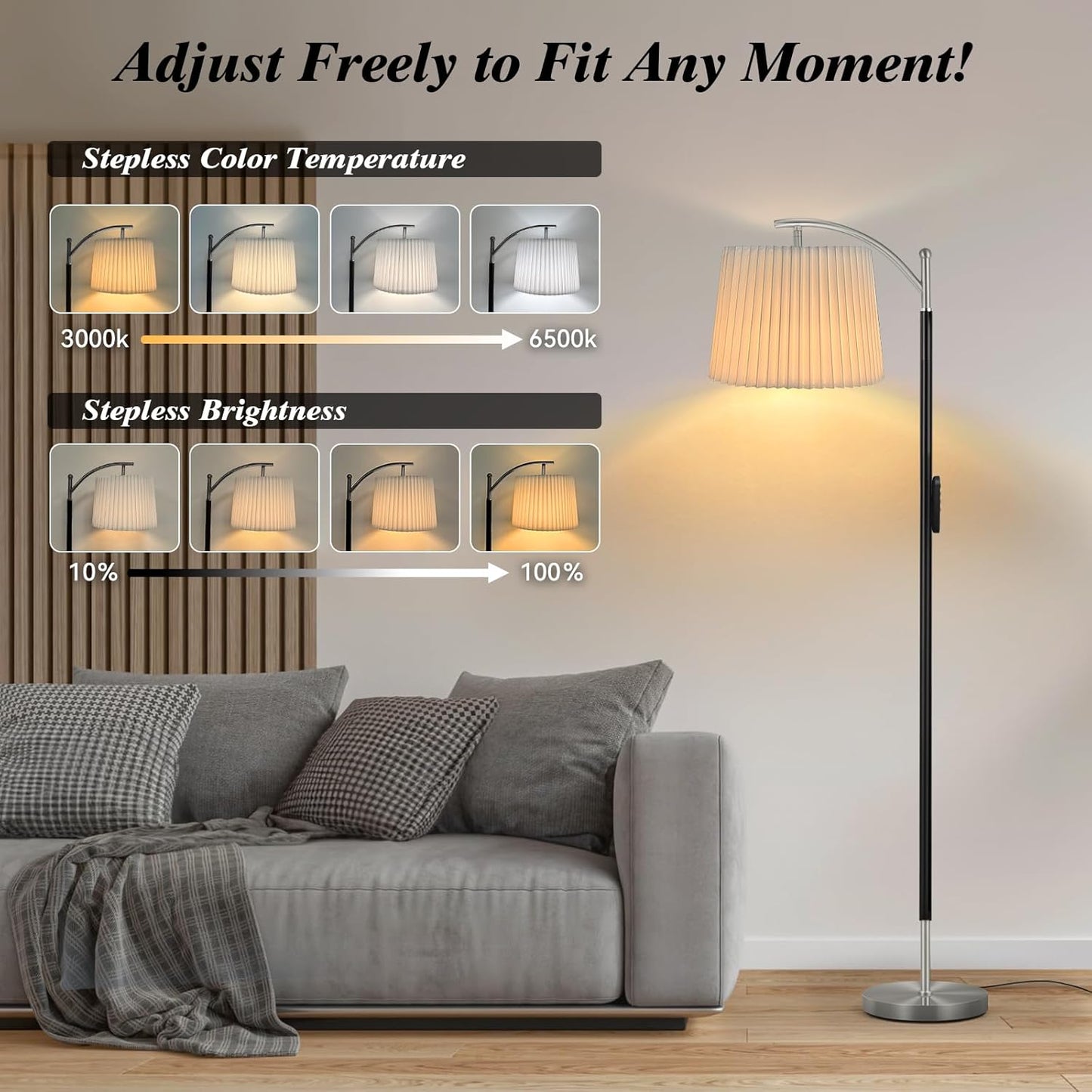Floor Lamp, LED Floor Lamp with APP & Remote & Touch Control, Stepless Color Temperatures and Brightness, Tall Standing Lamp with Pleated Lampshade for Living Room, Bedroom, Office(Black Nickel)