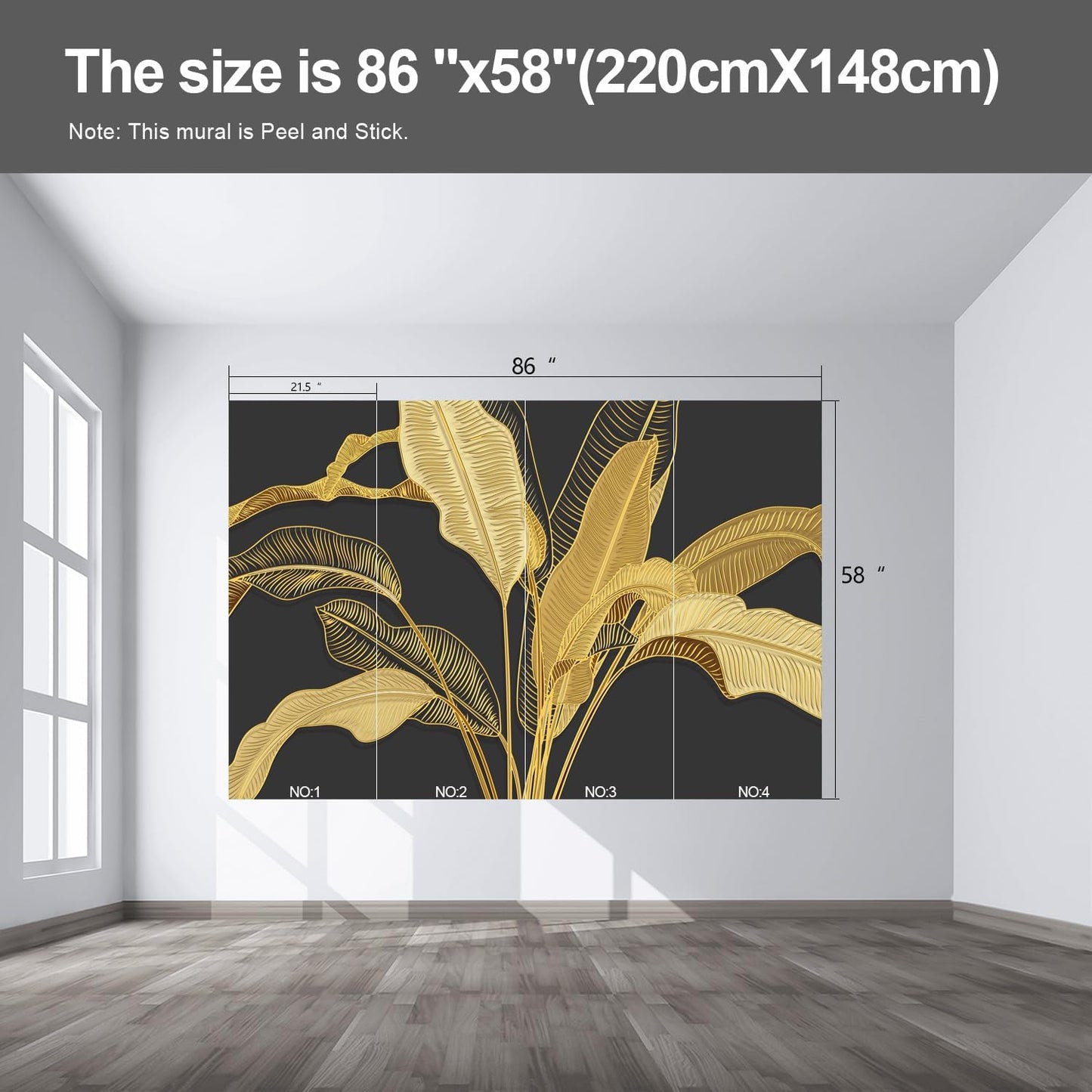 Gold Banana Leaf Wall murals Peel and Stick Wallpaper for Bedroom Living Room - 58"x86"