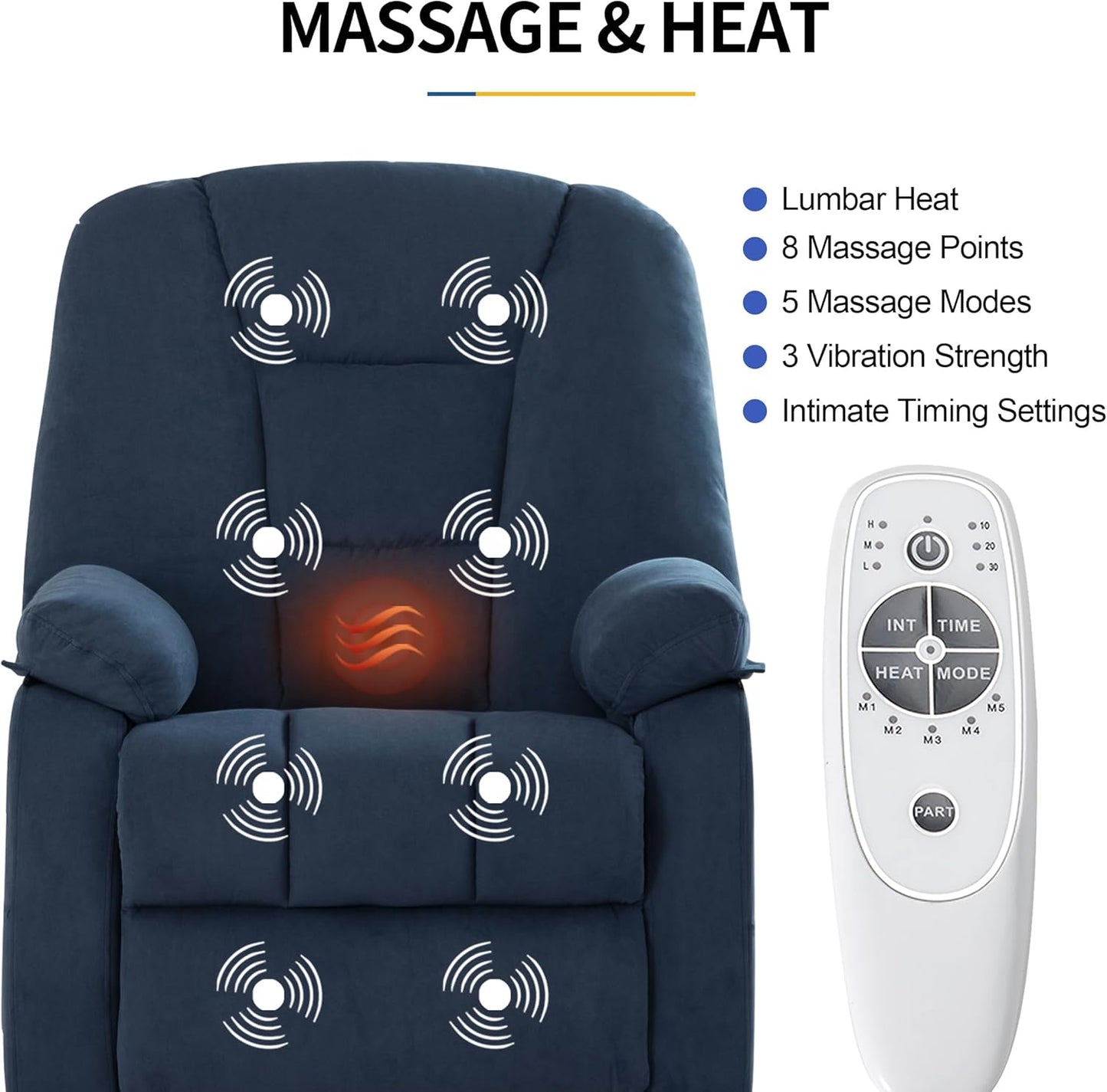 Power Swivel Rocker Recliner Chair for Adults,Rocking Recliners Chairs with Massage and Heat for Living Room, Electric Fabric Reclining Sofa Chair with USB and Type-C Port (Fabirc Blue)