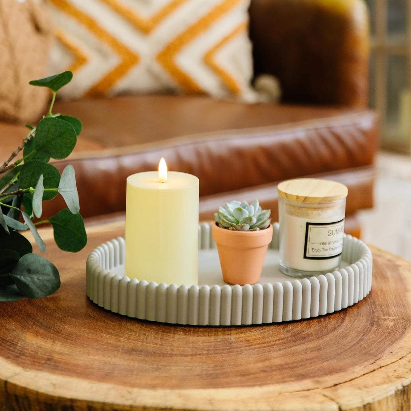 11.8in Decorative Tray for Coffee Table Decor- Modern Oval Concrete Tray for Home Decor- Minimalist Handcrafted Centerpieces Tray for Living Room, Kitchen Dining Table, Entryway (Gray)