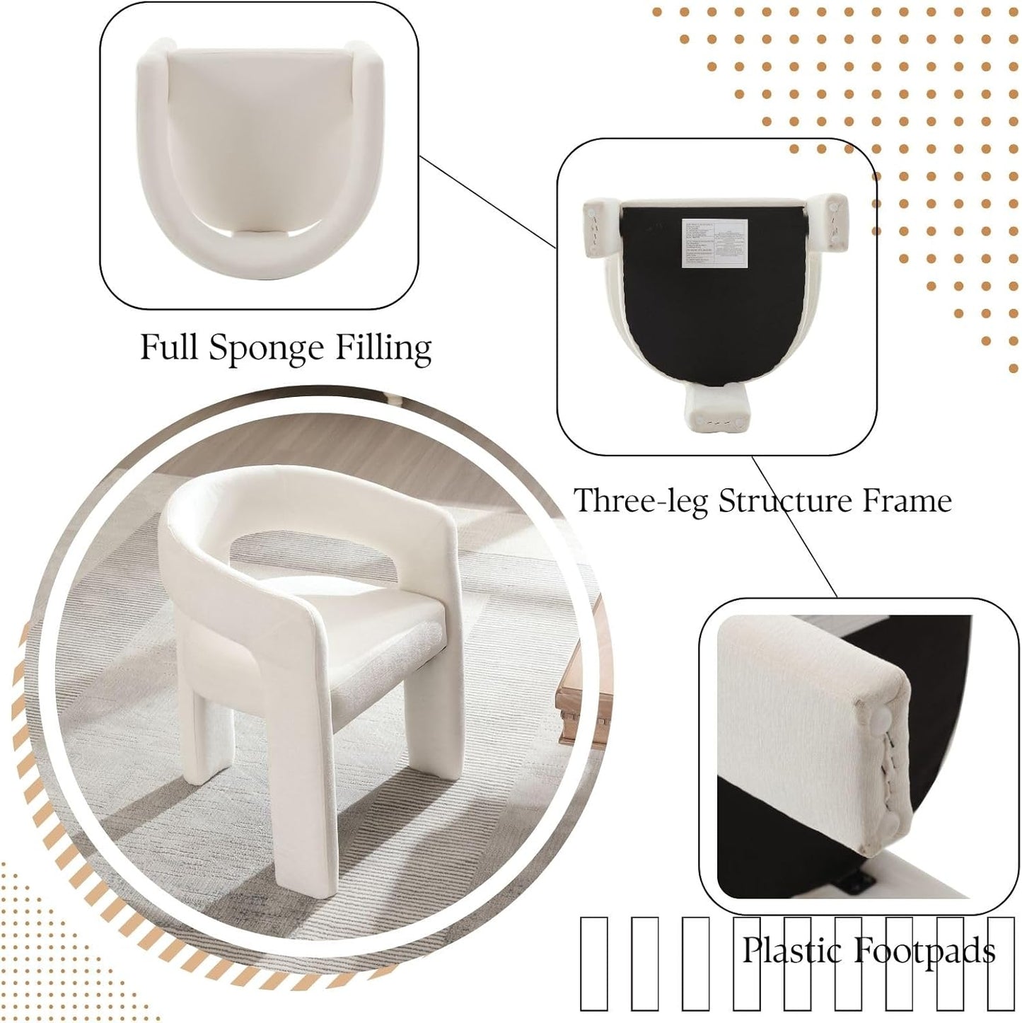 White Chenille Dining Chairs Set of 4, Modern Barrel Dining Room Chairs Upholstered Accent Chair with Arms and Round Back for Living Room Kitchen Armchair No Assembly Needed