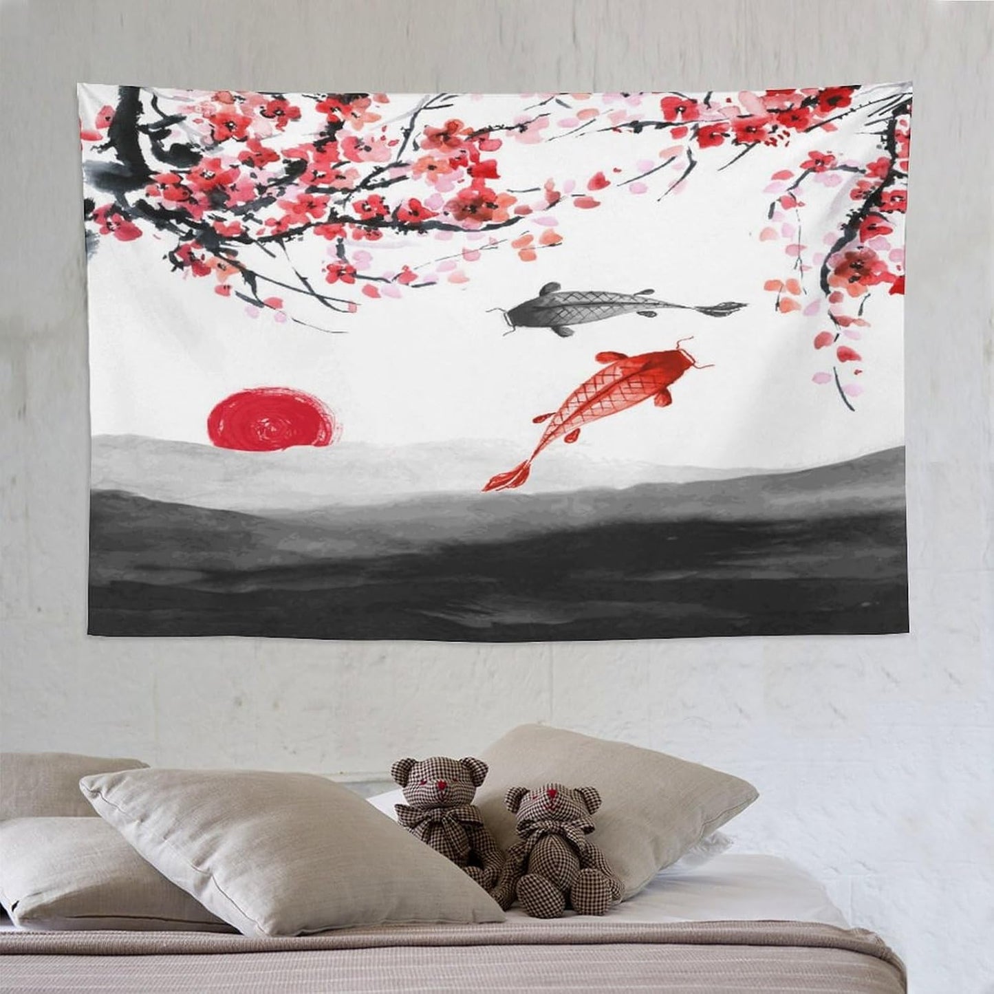 Houselerax Japanese Koi Fish Tapestries, Cherry Blossoms Asian Oriental Flower Branch Koi Fish Carp Tapestry Wall Hanging for Bedroom Living Room Office Decor 90"x60"