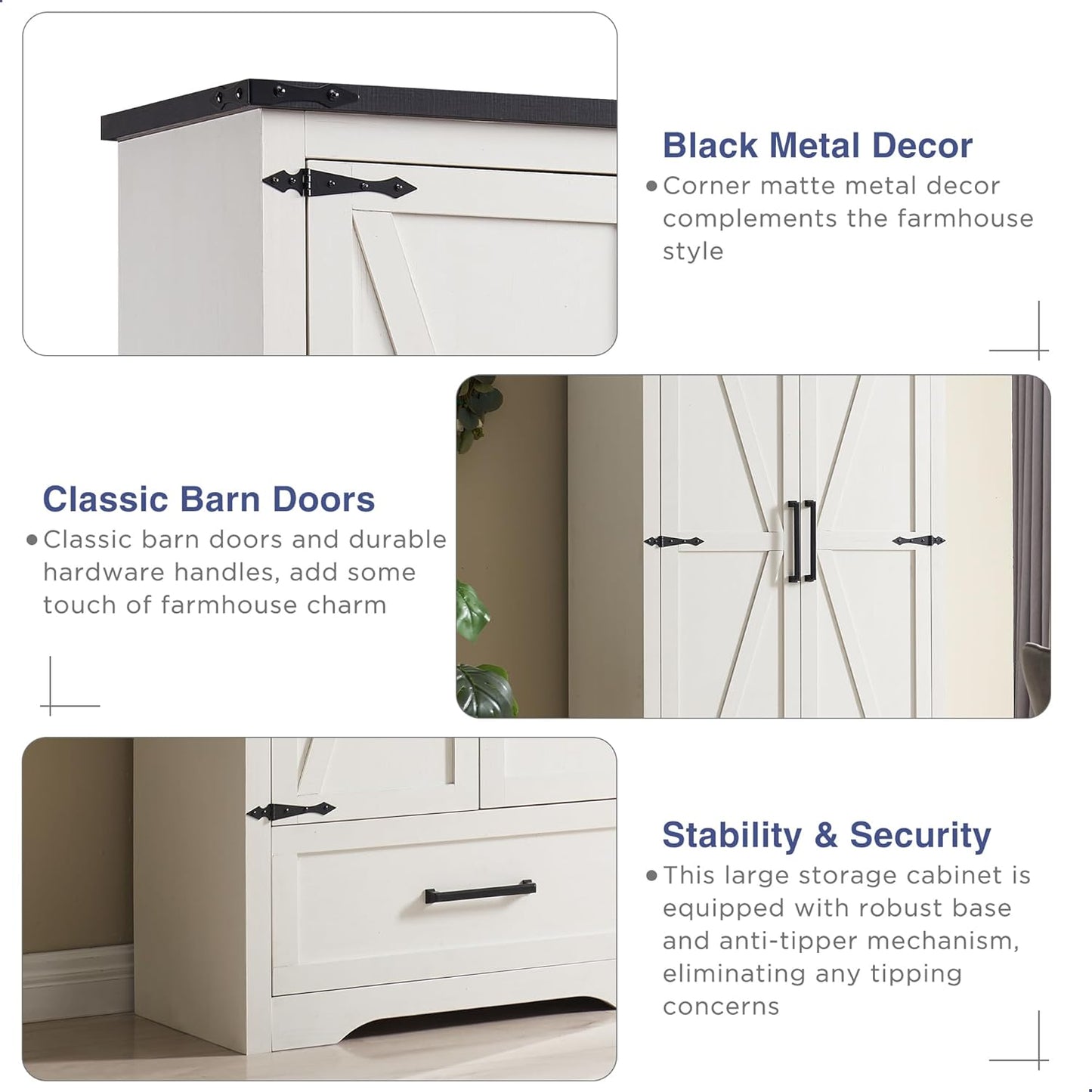 JXQTLINGMU Farmhouse Kitchen Pantry Cabinet - 72" Tall Wood Kitchen Storage Cabinets with Adjustable Shelves & 2 Barn Style Doors & Drawer, Versatile Storage for Dining Room, Bathroom, Antique White