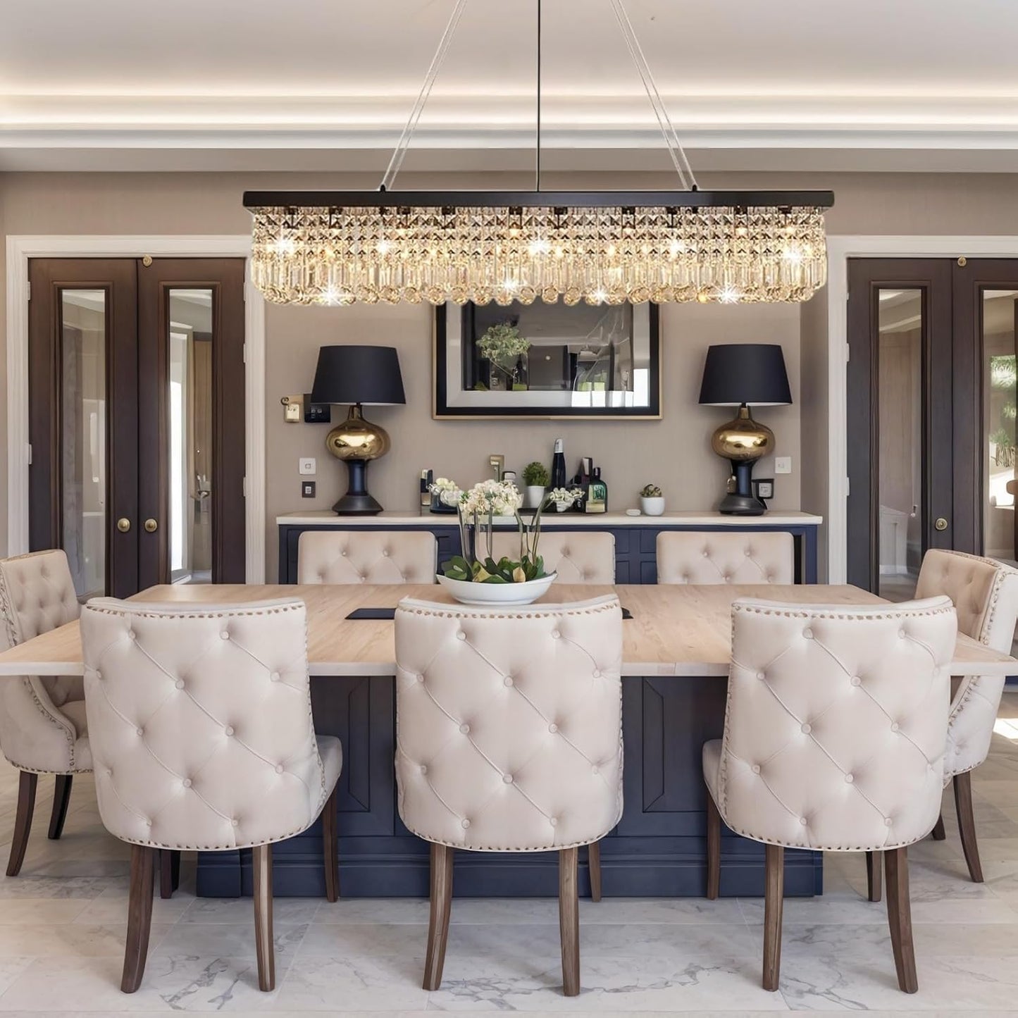 Rectangular Black Crystal Chandelier,10 Light Crystal Chandeliers for Dining Room, Rectangle Light Fixture for Kitchen Island L47''xW10''x H10''