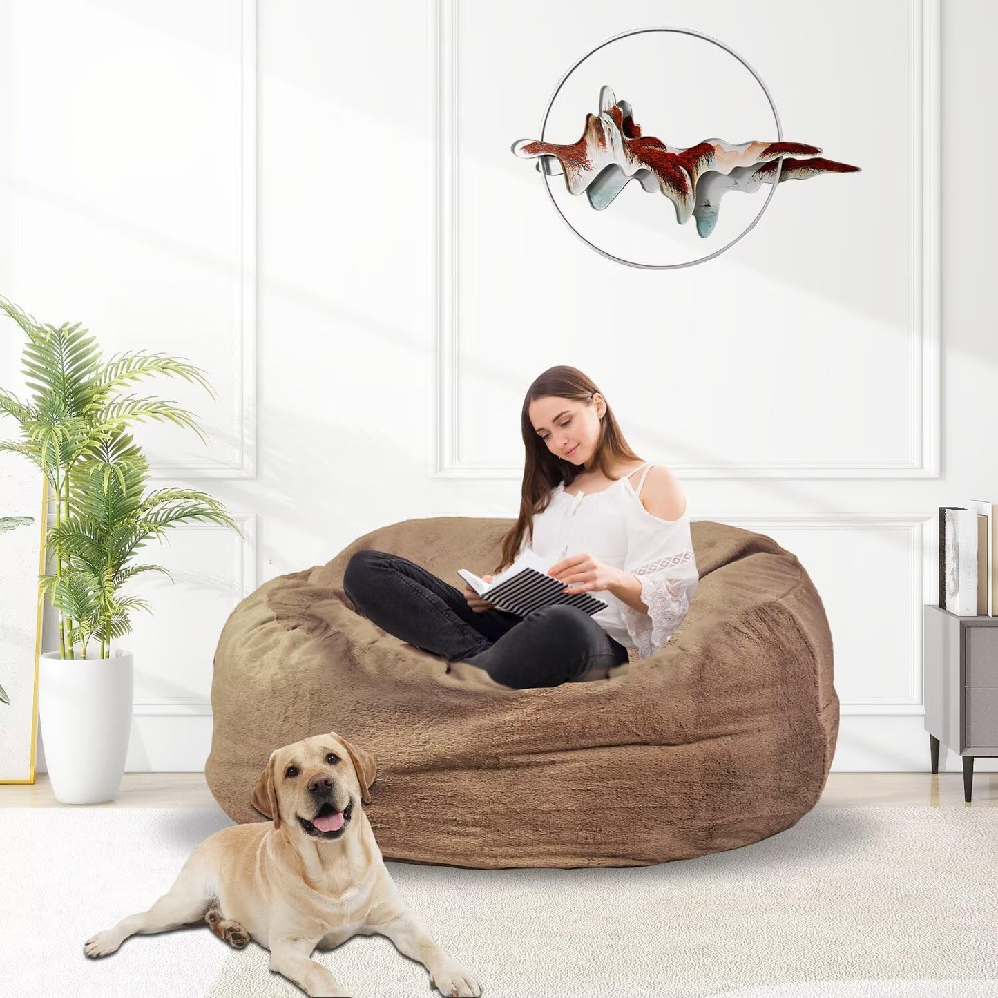 Bean Bag Chair for Adults 3FT,Soft Removable Cover for Teens/Girls Bedroom,Fluffy Giant Round Floor Beanbag Lounger Chairs (No Filler,Tan)