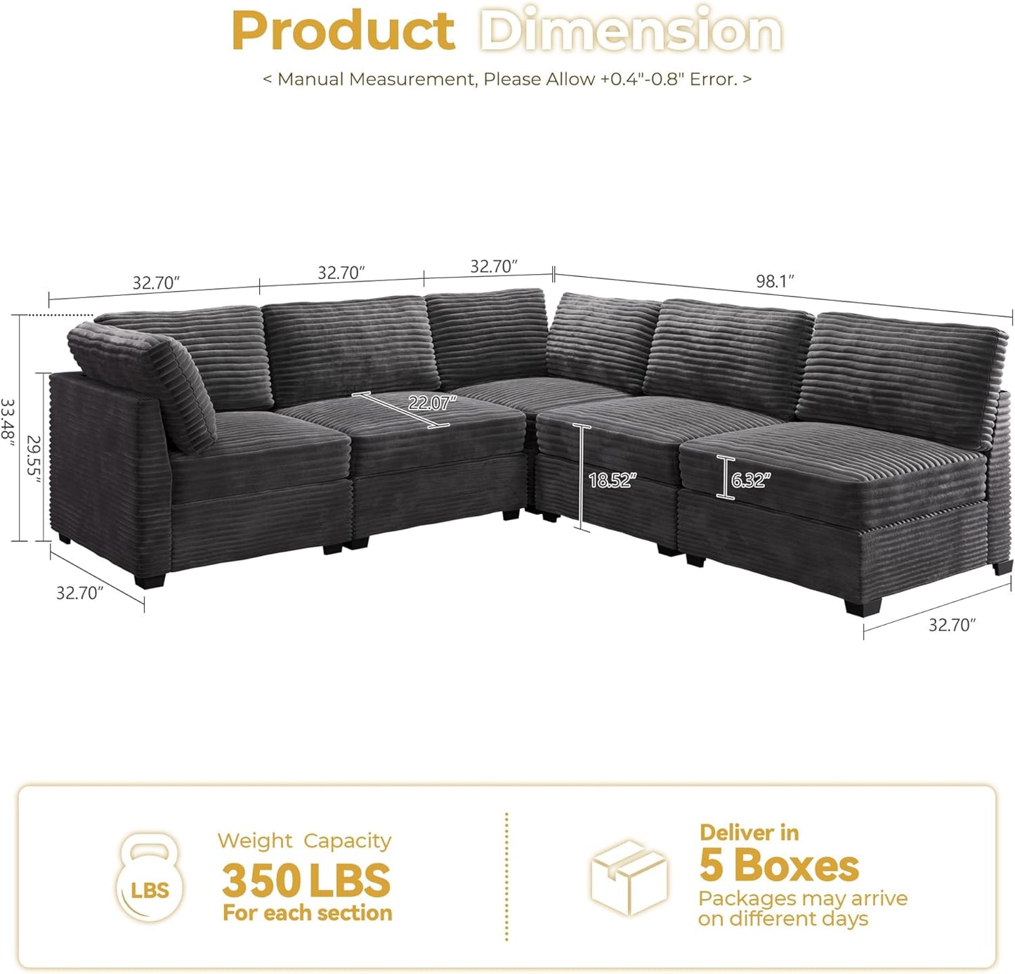 HOOOWOOO Modular Sectional Sofa,5 Pieces Sectional Couches for Living Room,98X98 L Shaped Cloud Couch Set(Grey Velvet Corduroy)